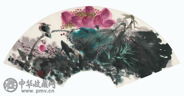 李向阳 荷趣图 扇面 设色纸本