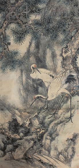 浦文璇 松鹤瑞芝图 立轴 设色纸本