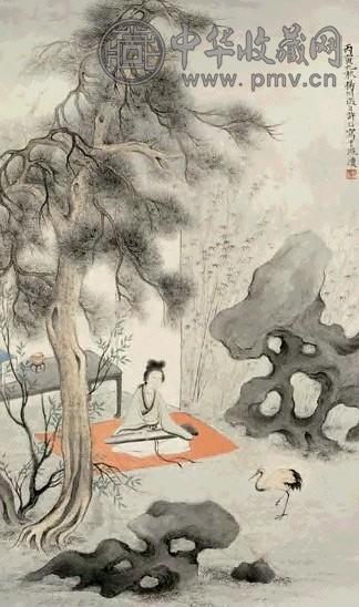 徐昭 丙寅(1926)年作 松荫抚琴 立轴 设色纸本