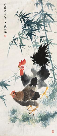 江寒汀 绿竹双鸡图 镜心 设色纸本