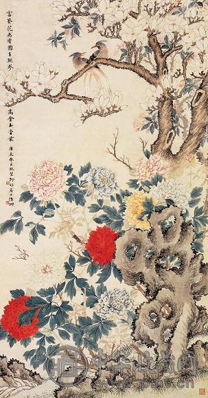 陆抑非 庚辰(1940年)作 花鸟 立轴 设色纸本