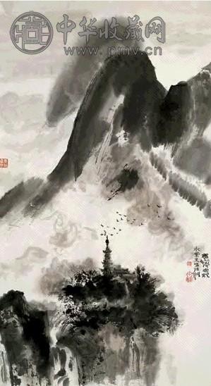 程十发 2002年作 云中古剎图 立轴 设色纸本