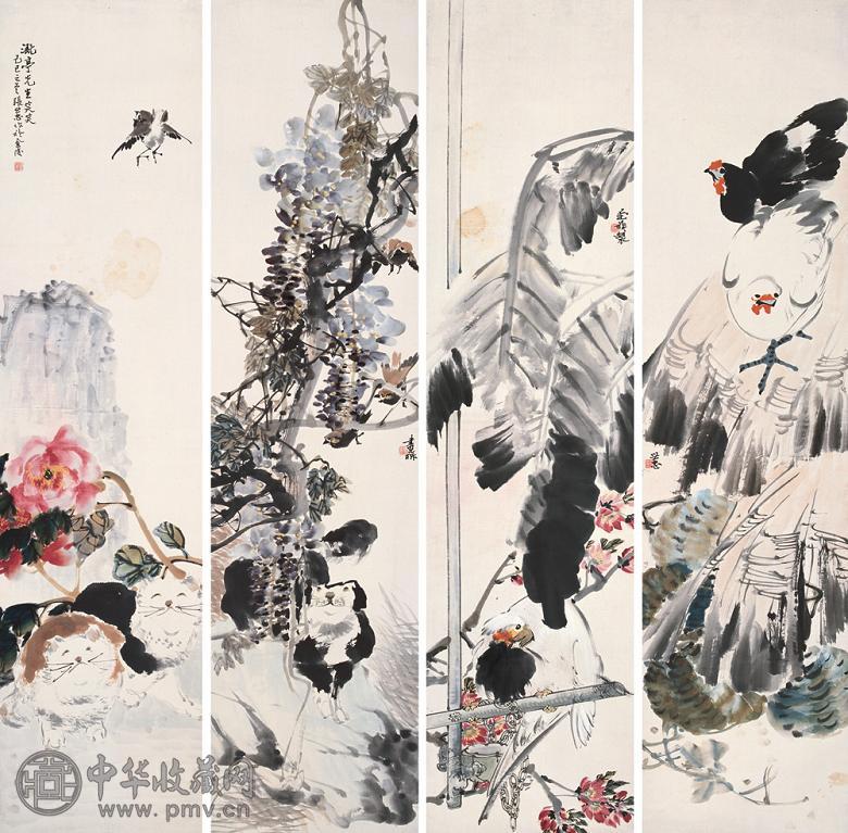 张书旂 己巳(1929年)作 花鸟 四屏 设色纸本