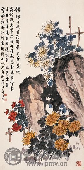 黄君璧 甲寅(1974年)作 东篱菊石 镜心 设色纸本