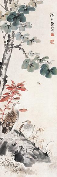 汪溶 红叶双禽 立轴 设色纸本