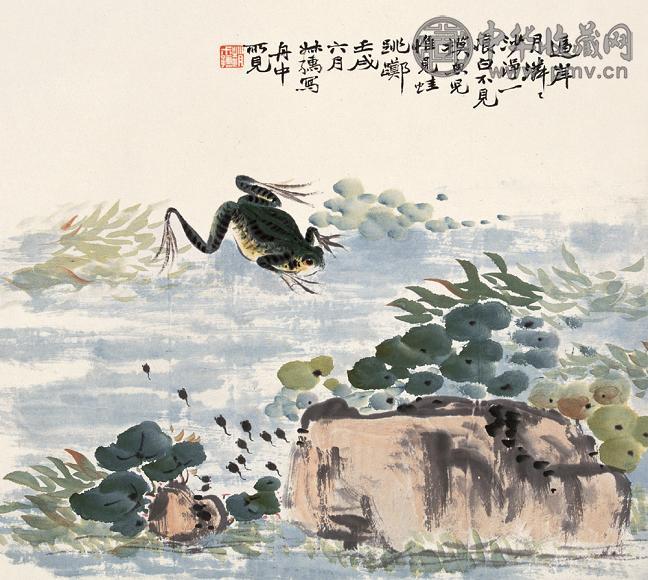 赵叔孺 壬戌(1922年)作 荷塘蛙鸣 立轴 设色纸本