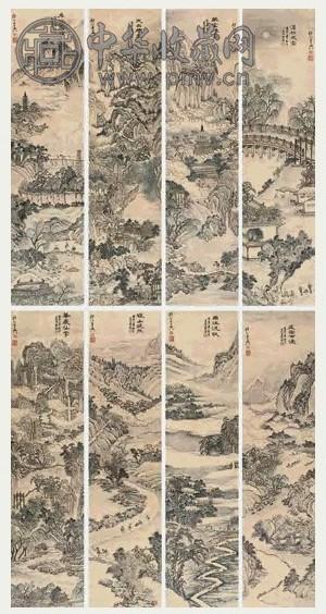 法若真 1649年作 长安八景图 八屏 设色纸本