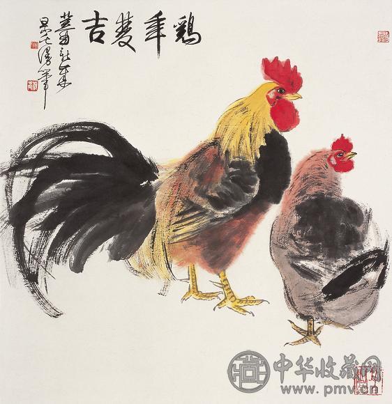 刘旦宅 癸酉(1993年)作 鸡年双吉 立轴 设色纸本