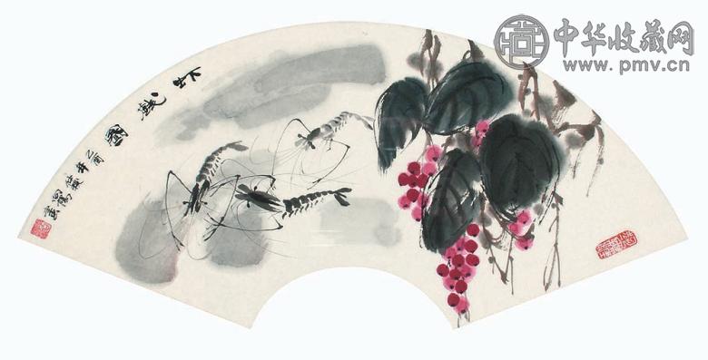 李向阳 虾戏图 扇面 设色纸本