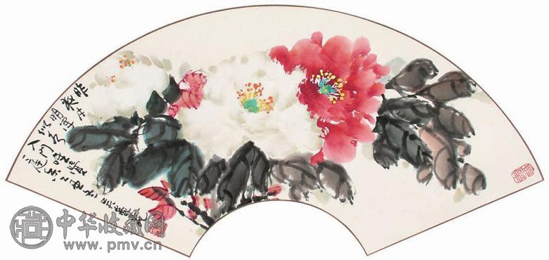 吴丽丽 牡丹 扇面 设色纸本