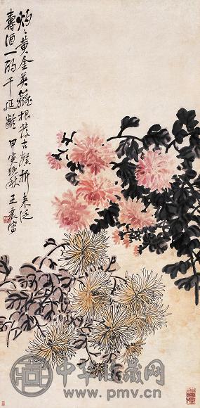 王震 甲寅(1914年)作 篱下古馨 立轴 设色纸本