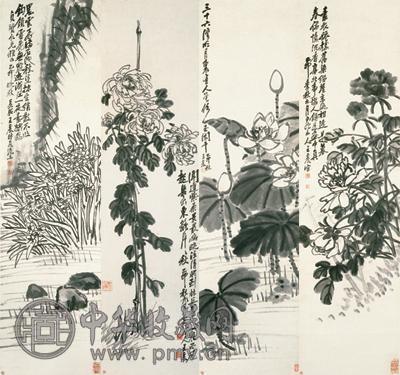 王震 1915年作 四时花卉 立轴(4屏) 水墨纸本