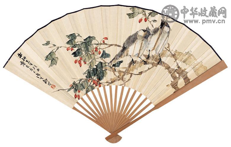 柳滨 童大年 花鸟 书法 成扇 纸本