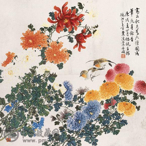 叶鸿业 1910年作 菊花小鸟 镜心 设色纸本