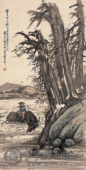 胡郯卿 牧牛图 立轴 设色纸本