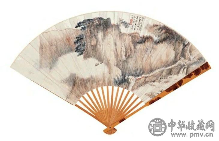 张大千 策杖寻幽图 成扇 设色纸本