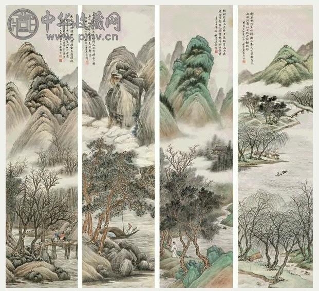 吴榖祥 1893年作 四季山水四屏 立轴 设色纸本