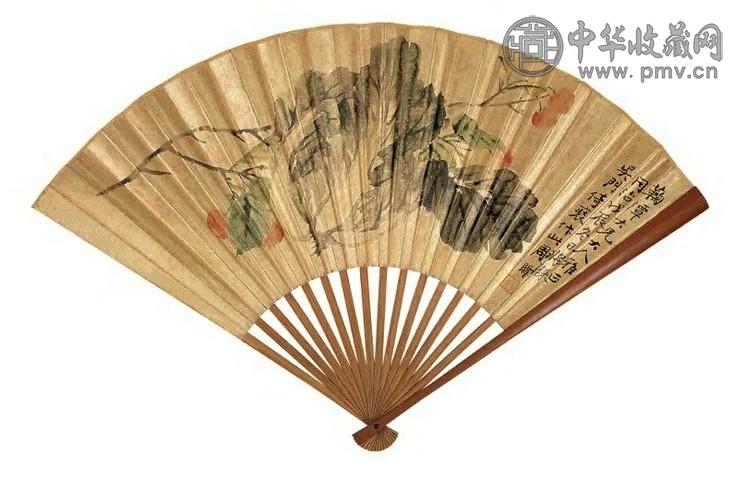 周闲 1868年作 白菜樱桃 成扇 设色金笺