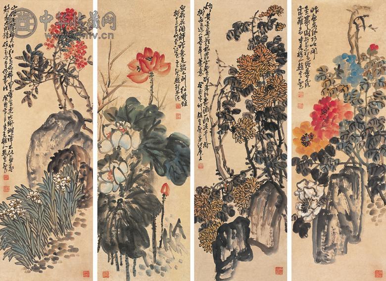 赵云壑 癸酉(1933年)作 花鸟四屏 立轴 设色纸本