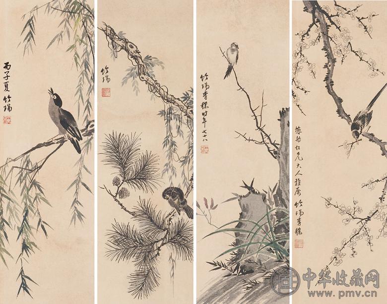 李秾 花鸟 四屏 设色纸本