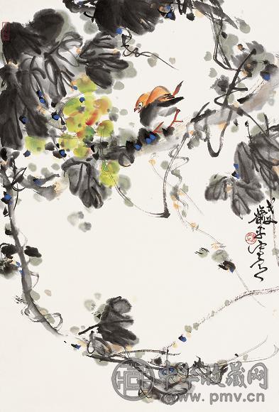 萧平 葡萄小鸟 立轴 设色纸本