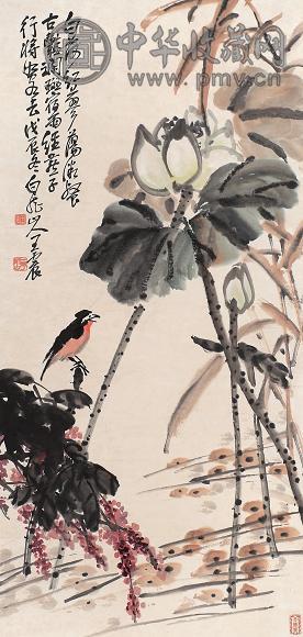 王震 戊辰(1928年)作 白荷红蓼 立轴 设色纸本