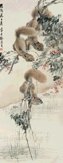 郑集宾 枝抱鼠上藤 立轴 设色纸本