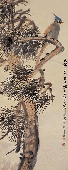 倪田 乙巳(1915年)作 青松绶带 立轴 设色纸本