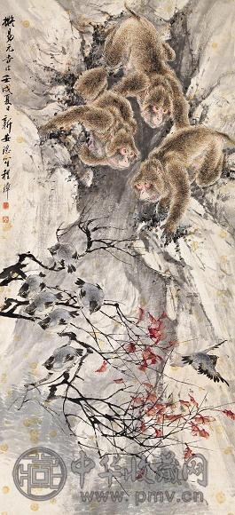 程璋 壬戌(1922年)作 群猴 立轴 纸本