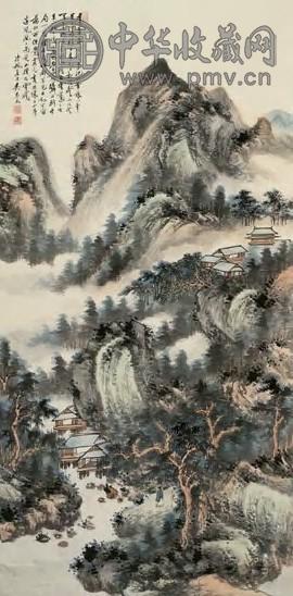 吴琴木 山涧云栈 立轴 设色纸本