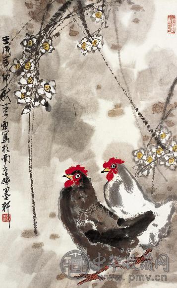 李亚 壬戌(1982年)作 双鸡图 镜心 设色纸本