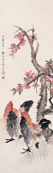 倪田 戊申(1908年)作 桃花双禽 立轴 设色纸本