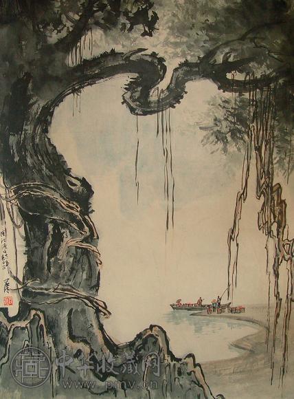 李文汉泊岸图 立轴 设色纸本