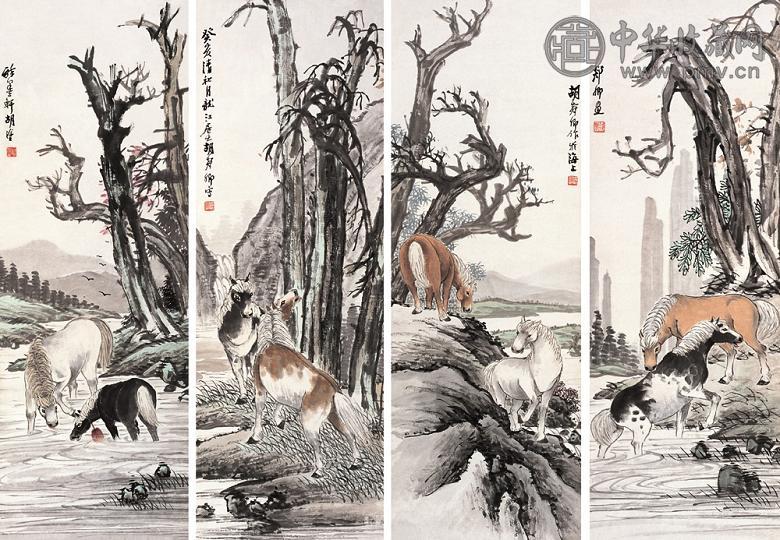 胡郯卿 1923年作 双马 四屏 设色纸本