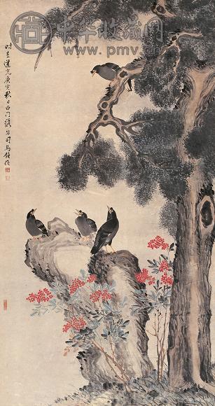 司马钟 庚寅(1830年) 八哥柏树 立轴 纸本