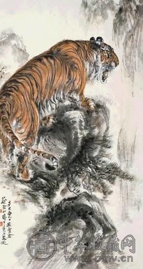 蔡鹤汀 虎啸山涧 立轴 设色纸本