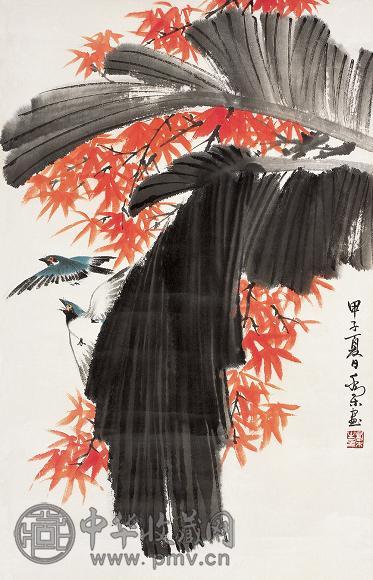 乔木 甲子(1984年)作 芭蕉小鸟 立轴 设色纸本