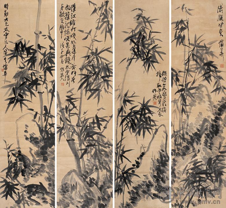 蒲华 戊子(1888年)作 竹石 四屏 水墨纸本