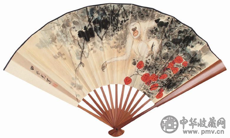 田世光 红叶白猿 成扇 设色纸本