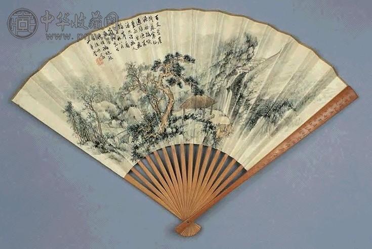 冯超然 1947年作 观瀑图 扇面 设色纸本