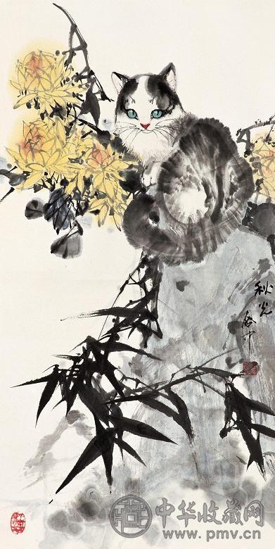 伍启中 猫菊图 立轴 设色纸本