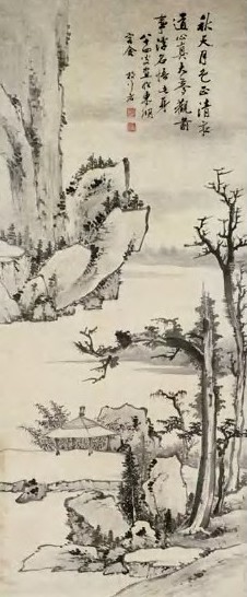 明末清初 罗屏 古木秋亭 轴