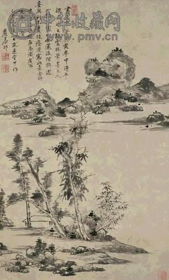 王原祁 仿云林山水 立轴 纸本设色