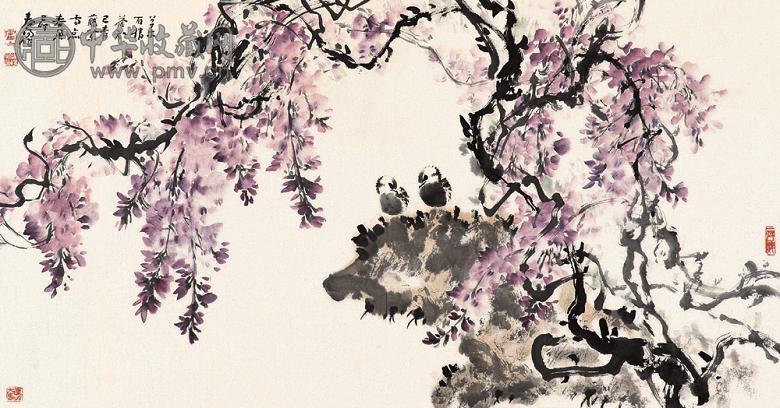 霍春阳 己卯(1999年)作 紫藤双鸟 镜心 设色纸本