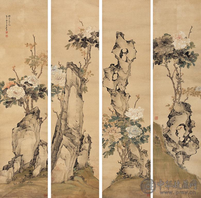居廉 癸酉(1873年)作 牡丹 四屏 设色纸本