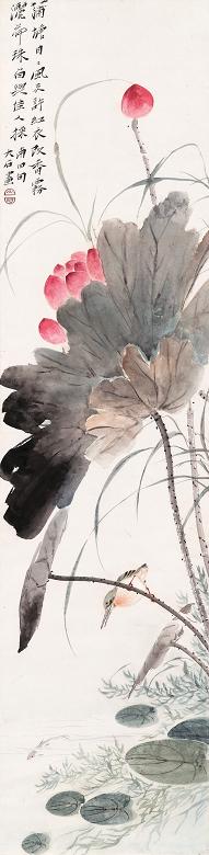 唐云 红荷翠鸟 立轴 设色纸本