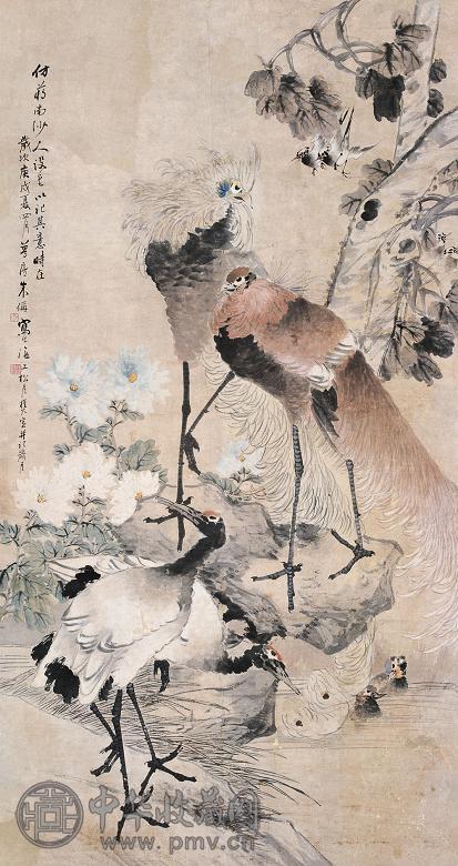 朱偁 1850年作 五伦图 立轴 设色纸本