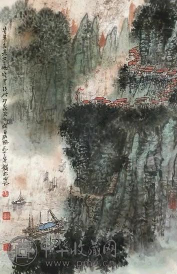 钱松嵒 癸丑(1973年)作 峡江图 立轴 设色纸本