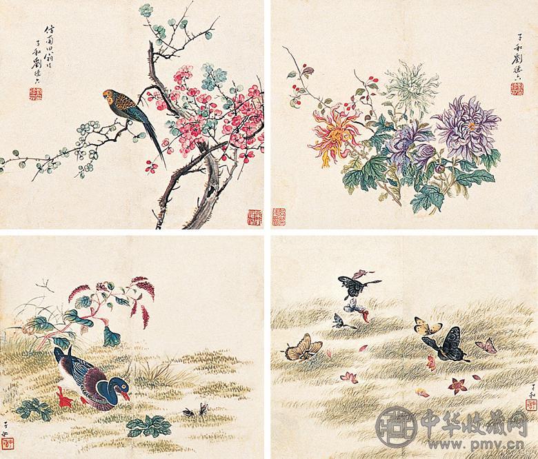 刘德六 花鸟 四屏 设色纸本