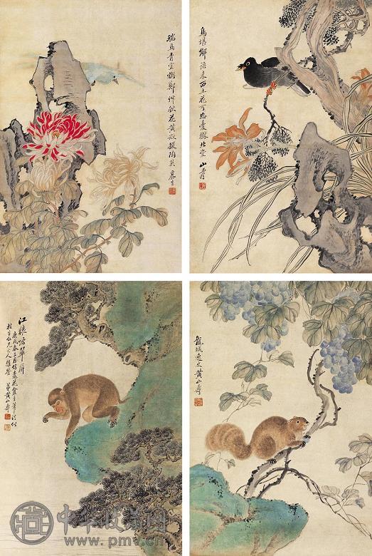 黄山寿 庚戌(1910年)作 走兽花鸟 四屏 设色纸本